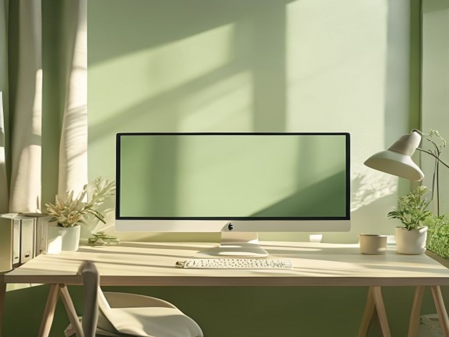 Et velbelyst arbejdskontor med naturligt lys fra vindue kombineret med en task-lampe på skrivebord